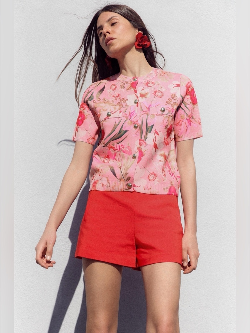 New Zara Blogger Favorite TikTok Pink Floral Button Front Sweater Size Medium